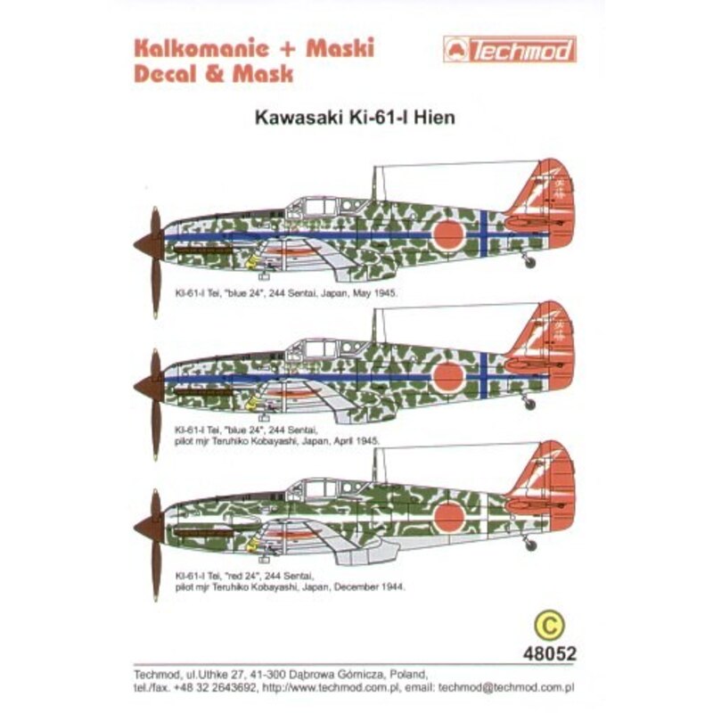 Decalcomania Kawasaki Ki-61 Hein Part 1. (3) 244 Sentai. Blue 24 2 versions with blue fuselage stripe Red 24 white fuselage stri