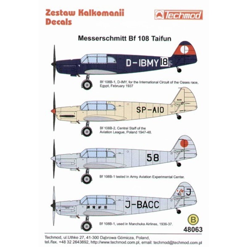 Decalcomania Messerschmitt Bf 108 Taifun Part 2. (4) D-IBMY International Circuit of the Oasis race Egypt 1937 overall RLM 24 bl