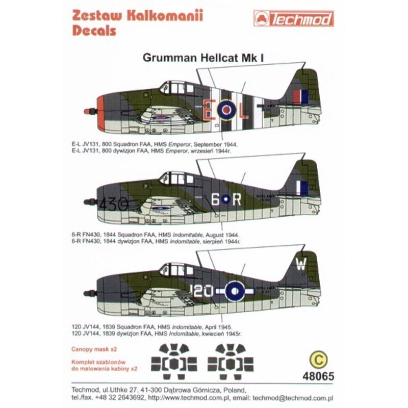 Decalcomania Grumman F6F Hellcat Mk.I FAA (3) JV131 E-L 800 NAS HMS Emperor D-Day stripes FN430 6-R 1844 NAS HMS Indomitable 194