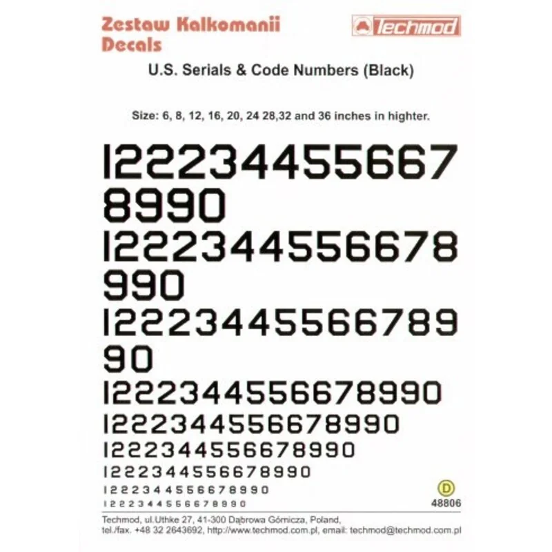 Decalcomania US Serials and Code Numbers in Black. 6 8 12 16 20 28 32 36