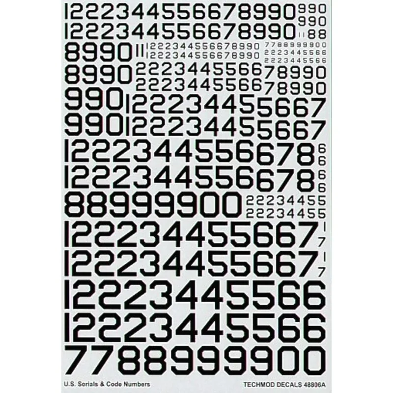 Decalcomania US Serials and Code Numbers in Black. 6 8 12 16 20 28 32 36