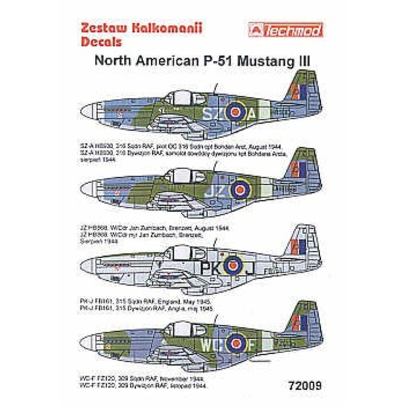 Decalcomania North American P-51B Mustang III (4) HB930 SZ-A 316 Squadron HB868 JZ FZ120 WC-F 309 Squadron all camouflage. FB161