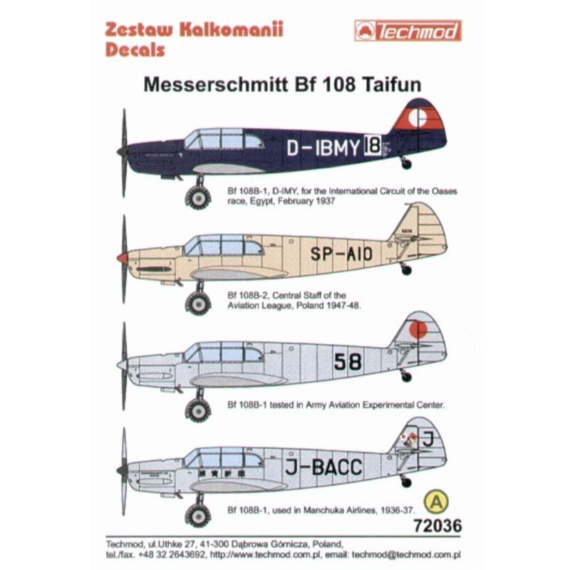 Decalcomania Messerschmitt Bf 108 Taifun Part 2. (4) D-IBMY International Circuit of the Oasis race Egypt 1937 SP-AIO Central St