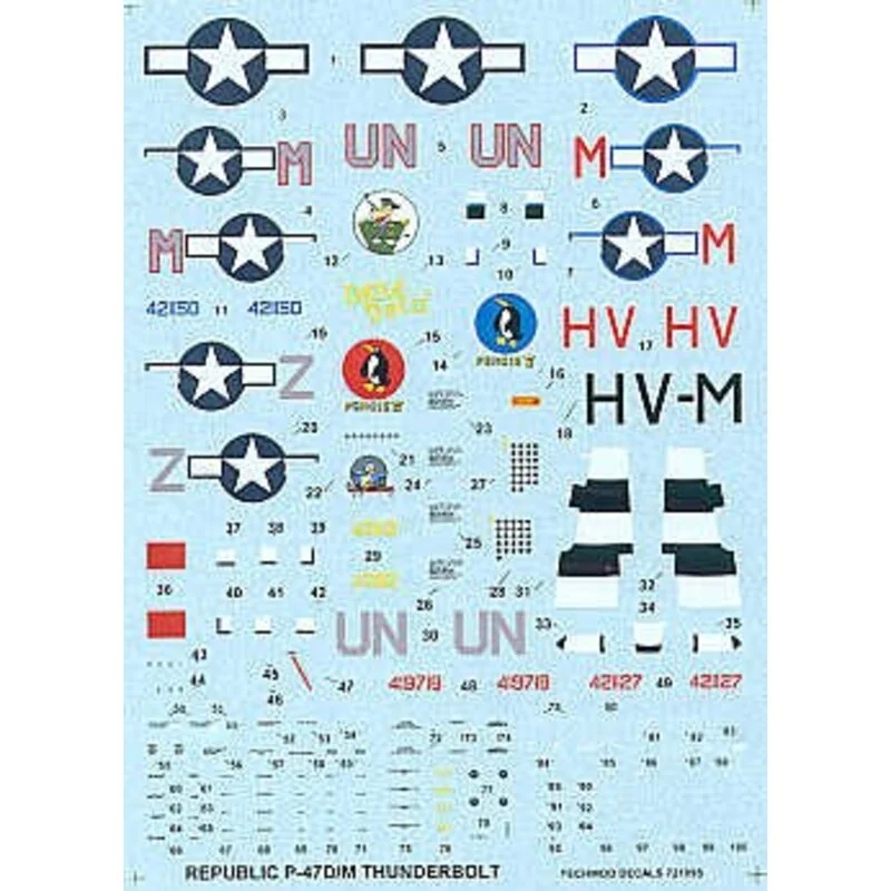 Decalcomania Republic P-47M Thunderbolt Bubble (4) 56 Gp Boxted 1945. 421150 UN-M Dottie Dee II 418718 HV-M Pengie IV 421127 HV-