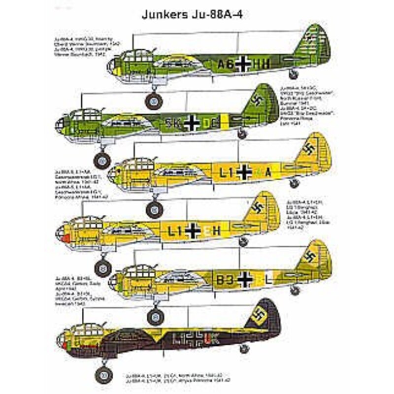 Decalcomania Junkers Ju 88A-4 (6) A6+HH III/KG 30 with ship kill markings 5K+DG II/KG3 Russia 1941 L1+AA LG 1 North. Africa L1+E