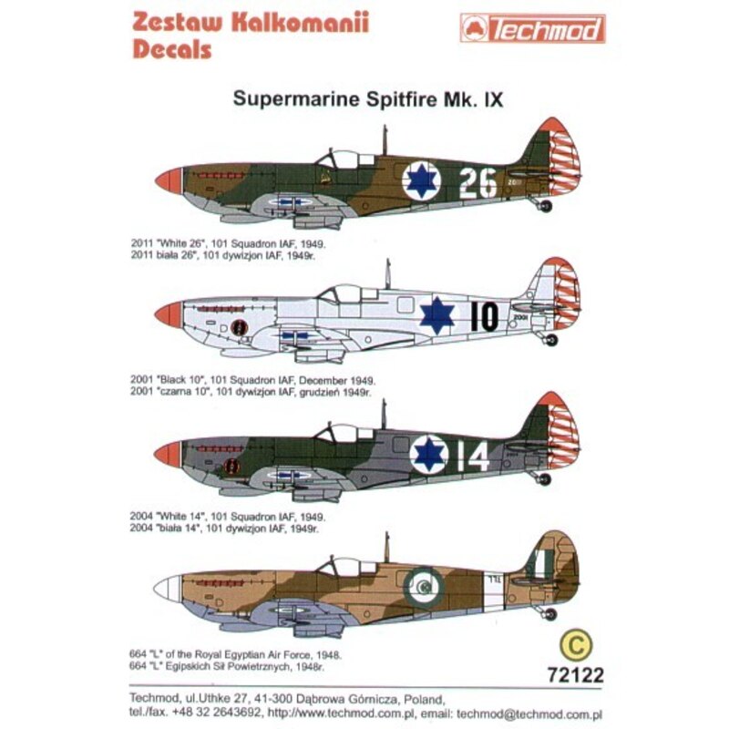 Decalcomania Supermarine Spitfire Mk.IX in Israeli and Egyptian Service. (4) White 26 Dark Earth/Dark Green/Med Sea Grey White 1