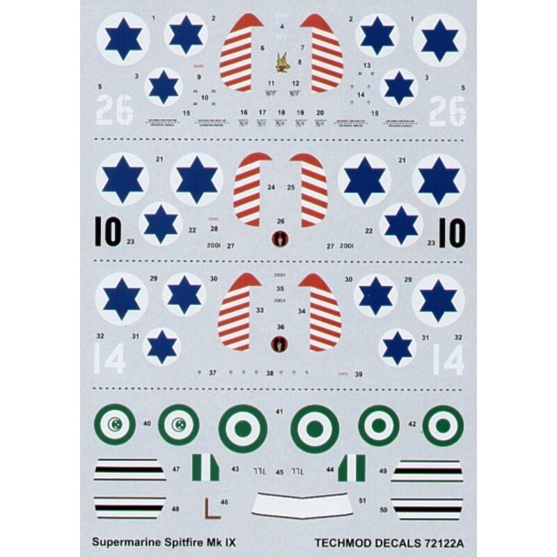 Decalcomania Supermarine Spitfire Mk.IX in Israeli and Egyptian Service. (4) White 26 Dark Earth/Dark Green/Med Sea Grey White 1