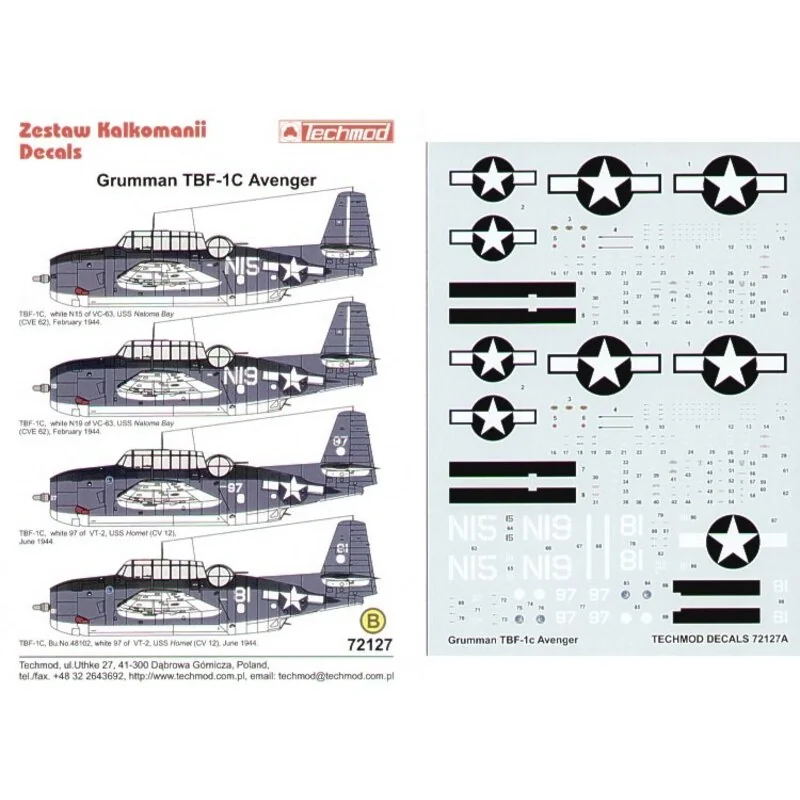 Decalcomania Grumman TBF-1C Avenger (4) N15 and N19 VC-63 USS Natoma Bay 1944 81 and 97 VT-2 USS Hornet 1944 All Sea Blue/Interm