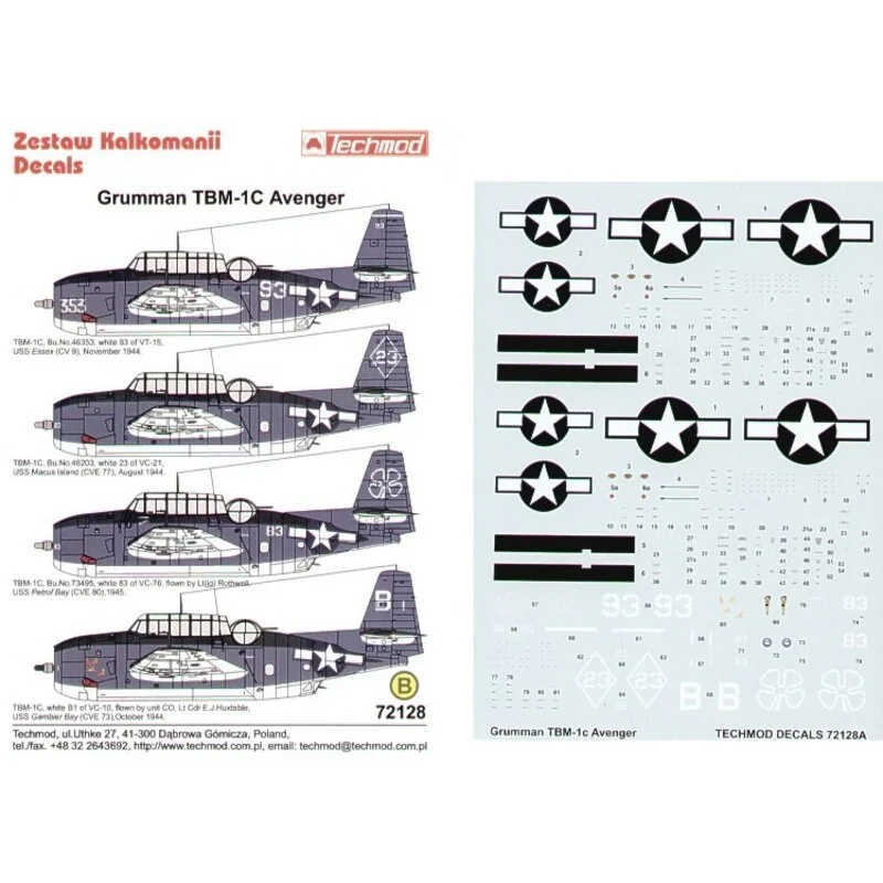 Decalcomania Grumman TBM-1C Avenger (4) 93 VT-15 USS Essex 23 VC-21 USS Macus Island 83 Shamrock VC-76 USS Petrof Bay B1 VC-10 L