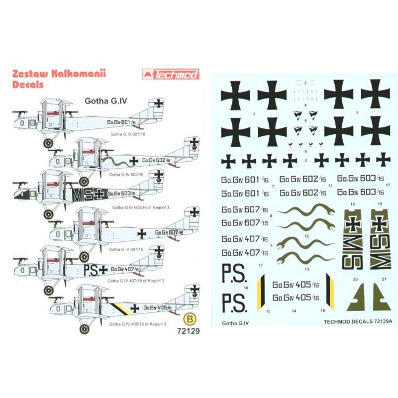 Decalcomania Gotha G.IV (4) 601/16 602/16 withj snake on fuselage 603/16/MS 607/16 407/16/P.S 405/16 black/yellow fuselage strip