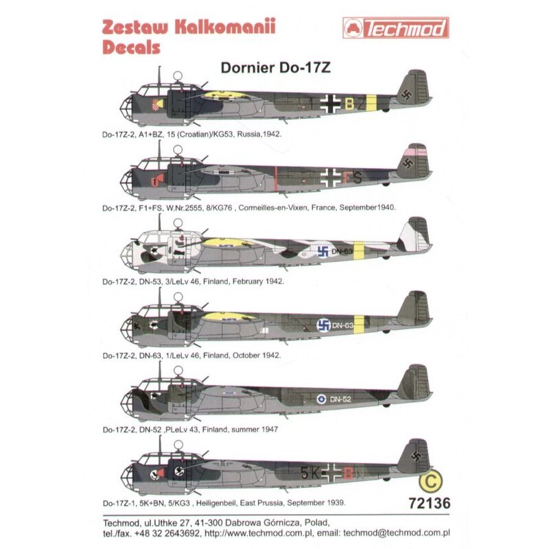 Decalcomania Dornier Do 17Z (6) A1+BZ 15 (Croatian)KG53 Russia 1942 F1+FS 8/KG76 France 1940 5K-BN 5/KG3 East Prussia 1938 DN-53