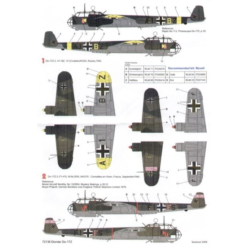 Decalcomania Dornier Do 17Z (6) A1+BZ 15 (Croatian)KG53 Russia 1942 F1+FS 8/KG76 France 1940 5K-BN 5/KG3 East Prussia 1938 DN-53