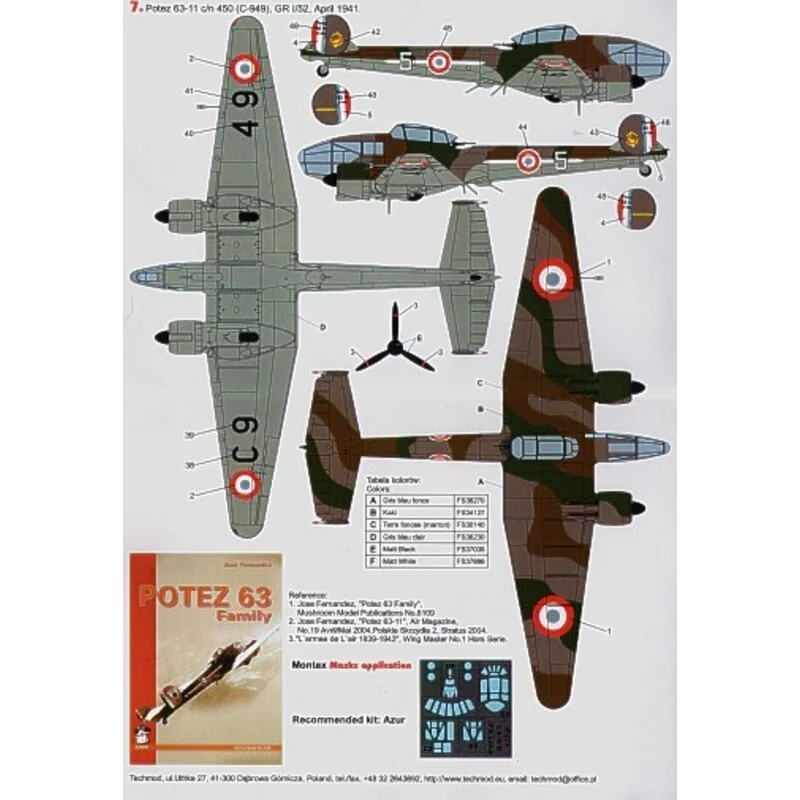 Decalcomania Potez 63-11 (7) J-957/132 or J963/138 DIAP Lyon-Bron Polish Air Force 1940 White 3 GR ii/22 Black 10 C865 GR II/14 