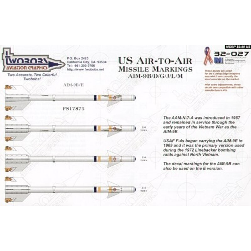 Decalcomania US Air-to-Air Missile Markings for AIM-9B/D/G/J/L/M and AIM-7E-2/M. Now you can smarten up the missiles on your mod