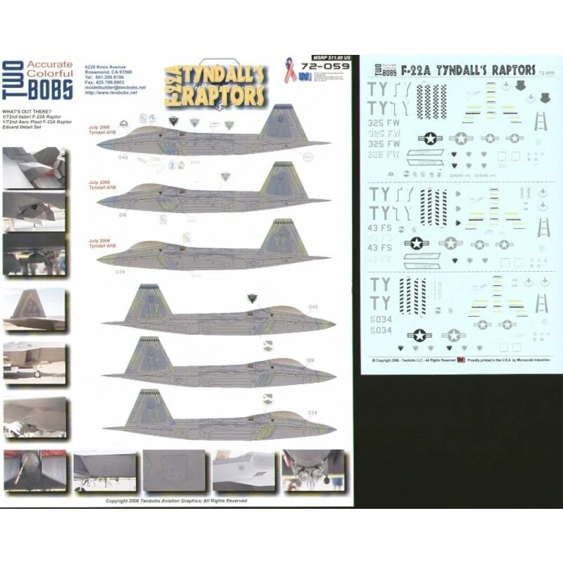 Decalcomania Lockheed Martin F-22A Tyndall′s Raptors (3) 024040 325FW/TY Flagship 014018 43FS/TY Flagship 02-034/TY All Tyndall 