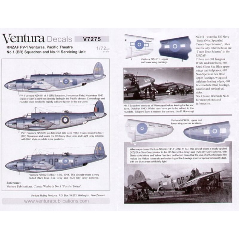 Decalcomania RNZAF PV-1 Venturas Pacific Theatre No.1 (BR) Squadron and No.11 Servicing Unit - three options NZ4509 based in New