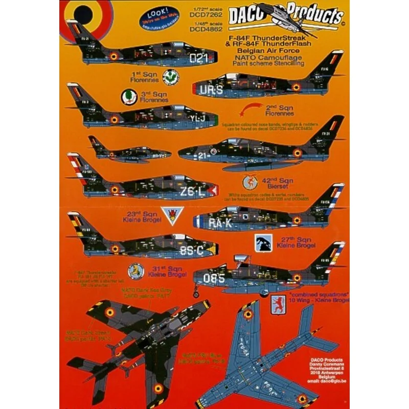 Decalcomania Republic F-84F Thunderstreak and Republic RF-84F Thunderflash. Belgian Air Force NATO camouflage Data Stencilling. 