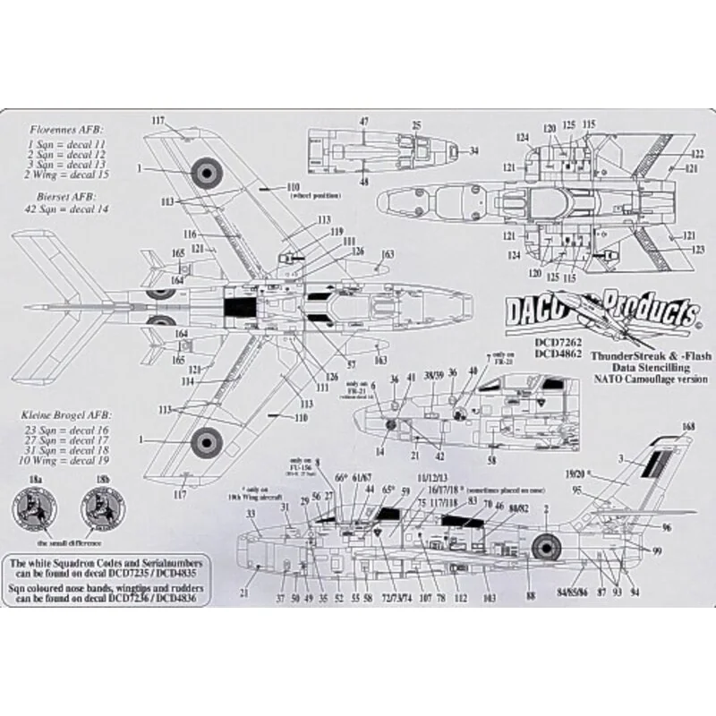 Decalcomania Republic F-84F Thunderstreak and Republic RF-84F Thunderflash. Belgian Air Force NATO camouflage Data Stencilling. 