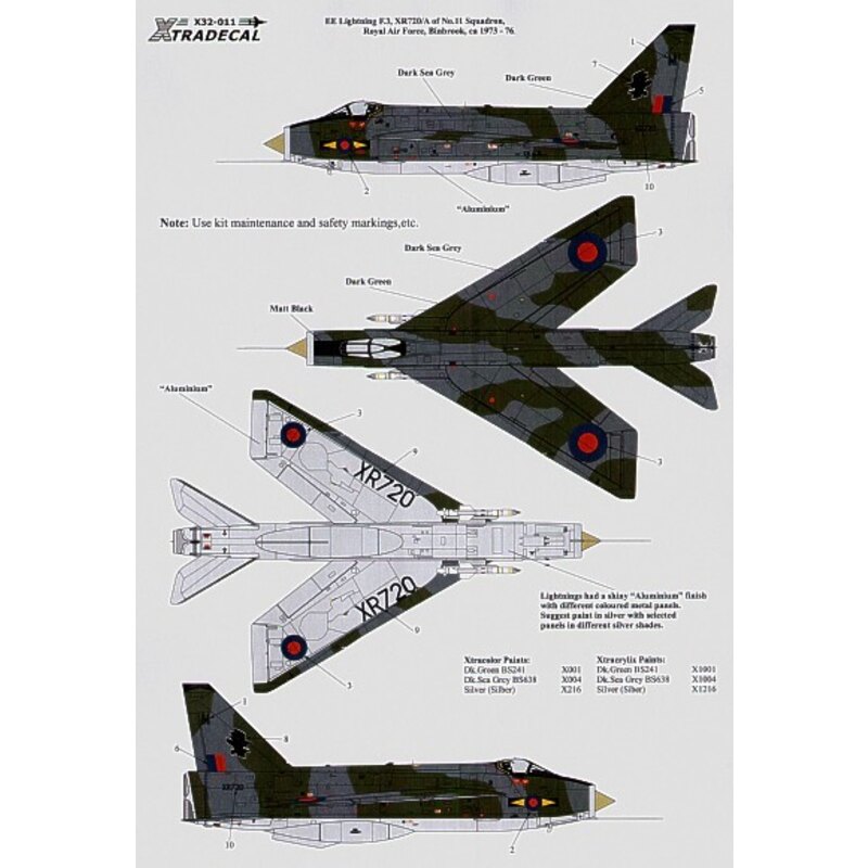 Decalcomania BAC/EE Lightning F.3 XR720/M 11 Squadron RAF Binbrook 1973-76. Green/Grey camouflage