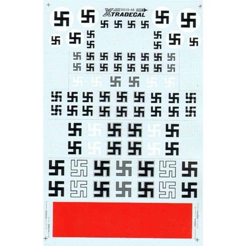 Decalcomania Luftwaffe Swastikas. Various styles including solid outline and stencil in white black and grey. Also includes pre-