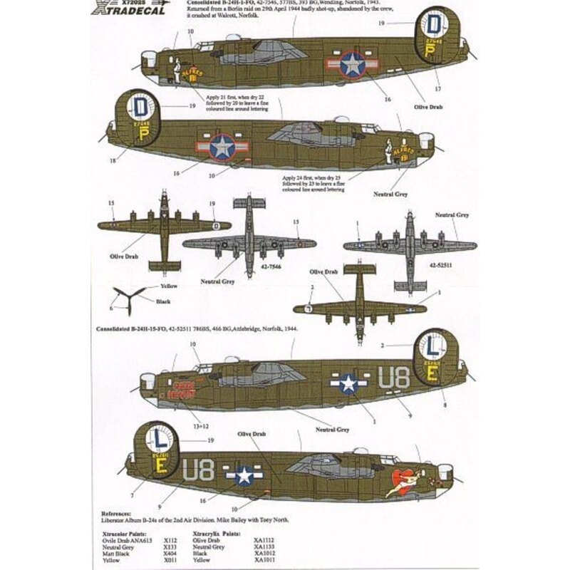 Decalcomania Consolidated B-24H Liberator (2) 42-52511/U8-E Queen of Hearts 785BS466BS 42-7546/P Alfred II 577BS392BG. NOW WITH 