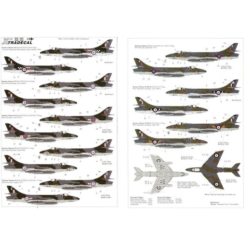 Decalcomania Hawker Hunter FGA.9/FR.10 (7 Squadrons 3 a/c) XE552/M 54 Squadron D/8/43 Squadrons R/229OCU/79 Squadron all r/w/b r