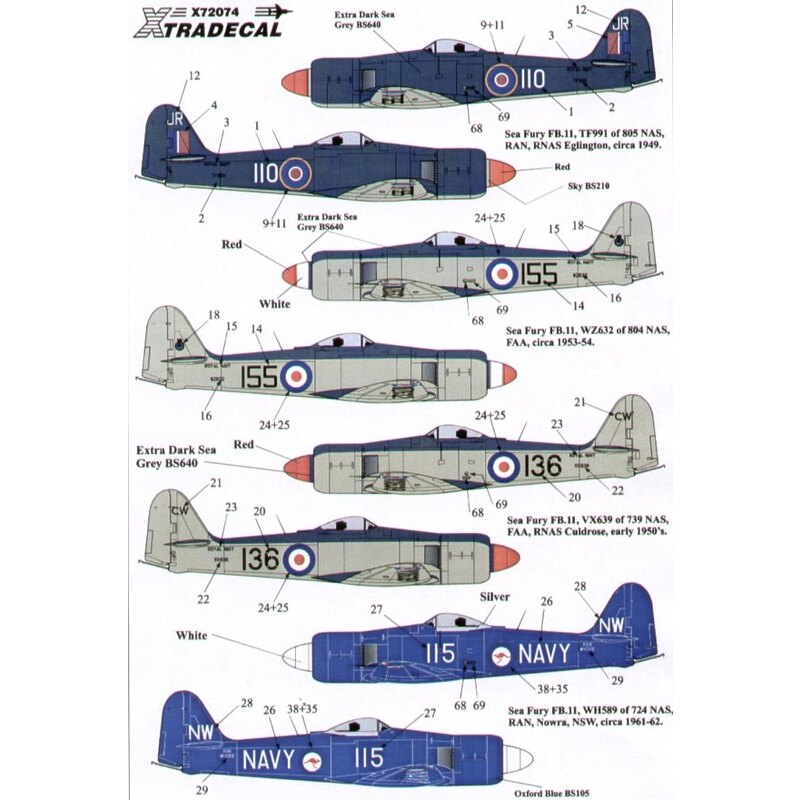 Decalcomania Hawker Sea Fury FB11 (8) FAA WZ632/155 804 NAS VX639/136/CW 739 NAS Culdrose Royal Australian Navy TF991/110/JR 805