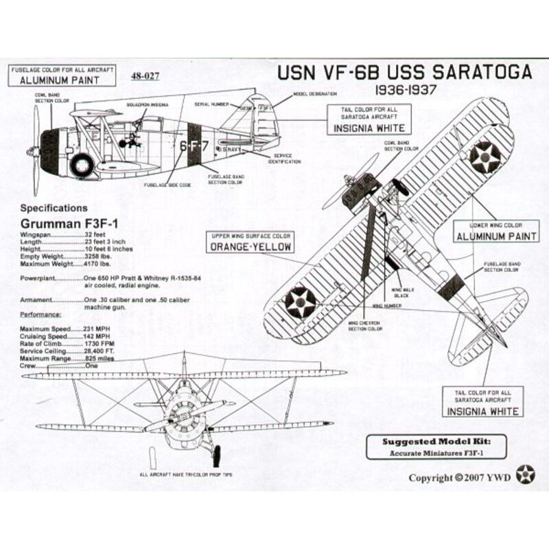 Decalcomania Grumman F3F-1 1936/37 12 section Leaders aircraft and 24 Wingmen from VF-5B USS Ranger and VF-6B USS Saratoga