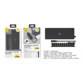 Caricabatterie automatico universale per PC portatile - 11 punte - 120 W - 7 A max - Cavo 1,2 m - AT007 - Nero
