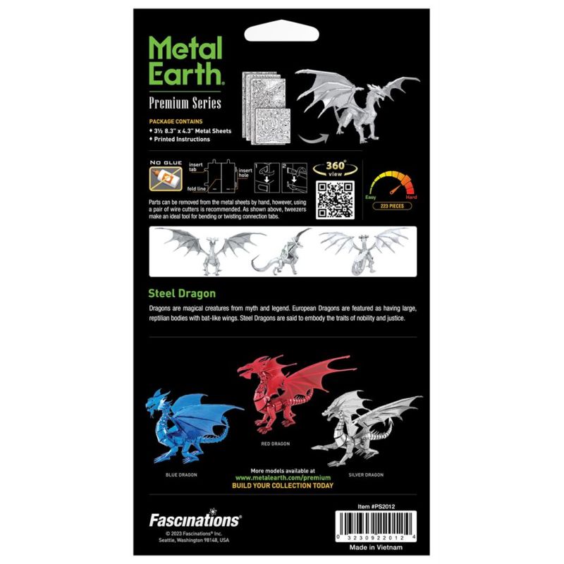 MetalEarth: PREMIUM SERIES - STEEL DRAGON 30x12,5x17,8 cm, modello 3D in metallo con 3,5 fogli, in scatola 13,5x22x2 cm, 14+