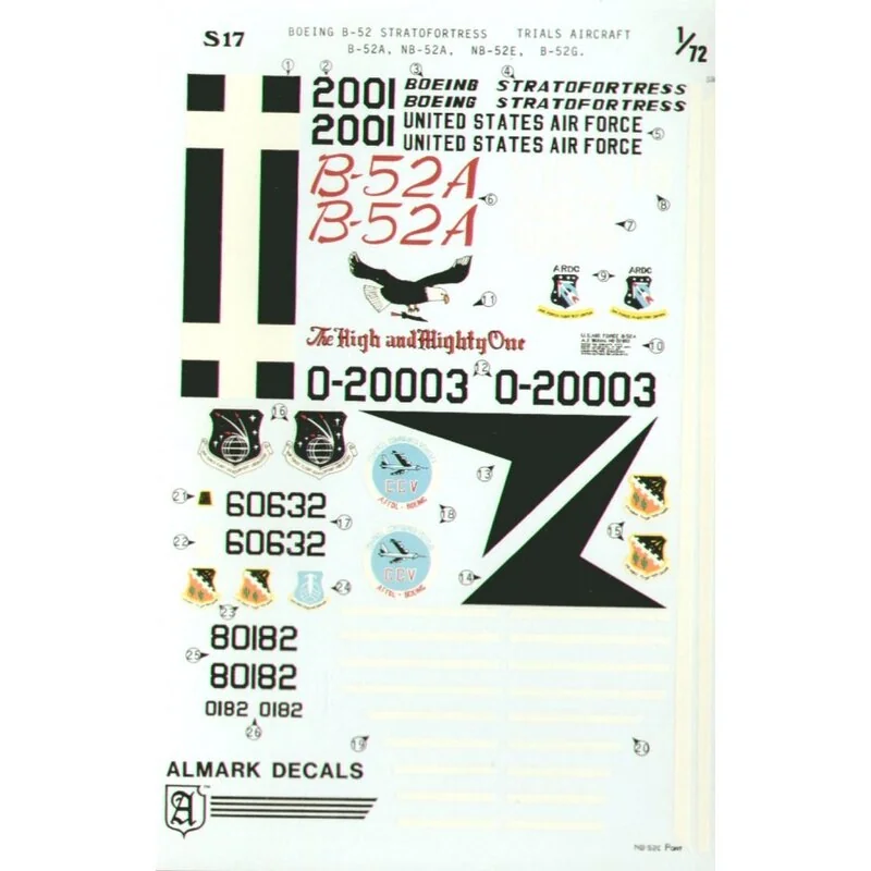 Decalcomania Boeing B-52 Stratofortress Trials Aircraft (4) Boeing B-52A 52-001 used for flight test of Boeing B-52G tail and en