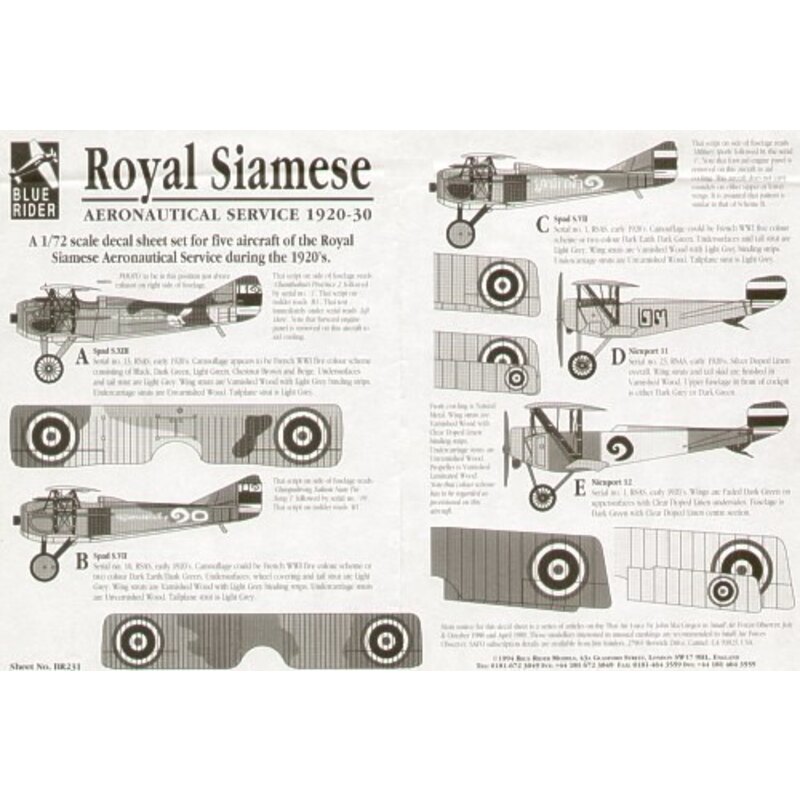 Decalcomania Royal Siamese Aeronautical Service 1920-30 (5) Spad S.XIII No 13 Spad S.VII No 1 and No 10 Nieuport 11 No 23 Nieupo