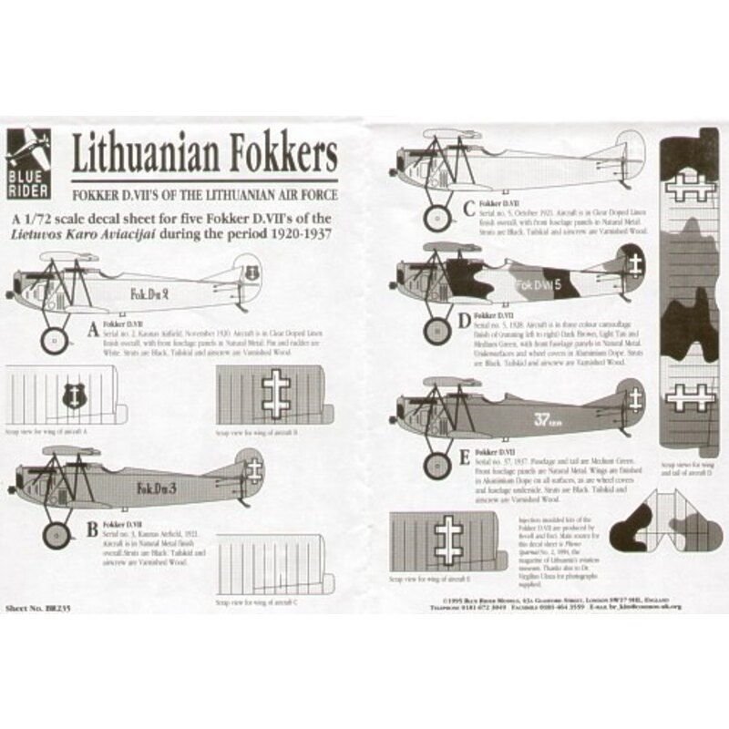 Decalcomania Fokker D.VII. 5 Lithuanian Air Force D.VIIs 1920-37