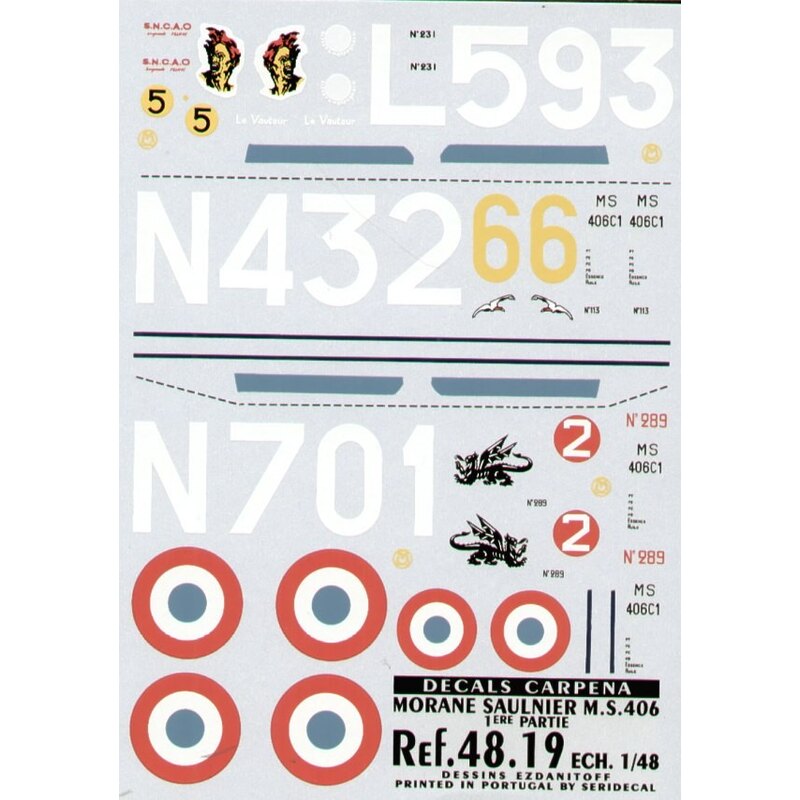 Decalcomania Morane Saulnier 406 Part 1. (3) No 231 L593/5 6 Esc Groupe de Chasse III/7 No 113 N432/6 Groupe de Chasse II/3 No 2