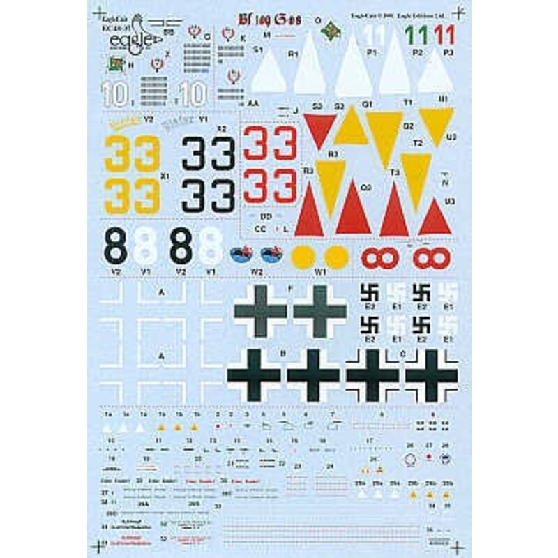 Decalcomania Messerschmitt Bf 109G-6 (4) JG50 Green 1 Hermann Graf White 10 Alfred Grislawski 1.JG50 Black 33 Black 8 both L./JG