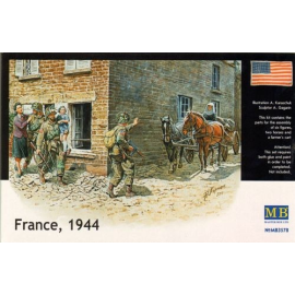 Figurini France 1944. Includes 3 x soldiers including 1 carrying child, 1 helping young lady, 1 cart, 2 horses and Nun.