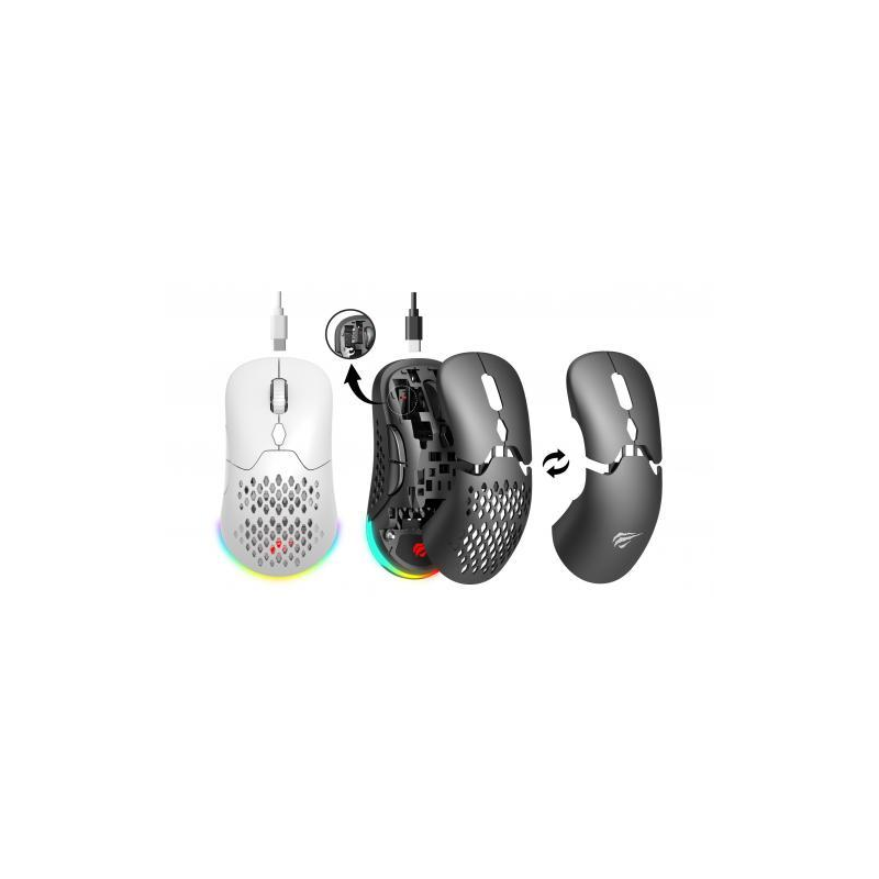 HAVIT - Mouse da gioco RGB - Wireless - Traforato con parte anteriore intercambiabile - 600mAh