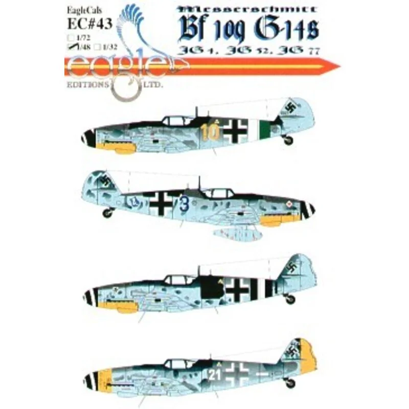 Decalcomania Messerschmitt Bf 109G-14 (4) Yellow 10 3/JG77 RLM 74/75/76 Green/white defence bands Blue 3 4/JG77 RLM 74/75/76 Bla