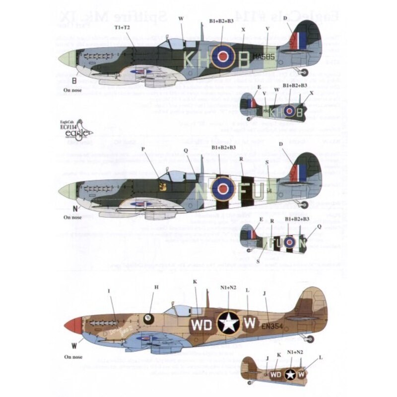 Decalcomania Supermarine Spitfire Mk.IX (3) MA585 KH-B 403 Squadron RCAF P/O Buzz Beurling EN354 WD-W 52nd FG Lt Leonard V. Helt