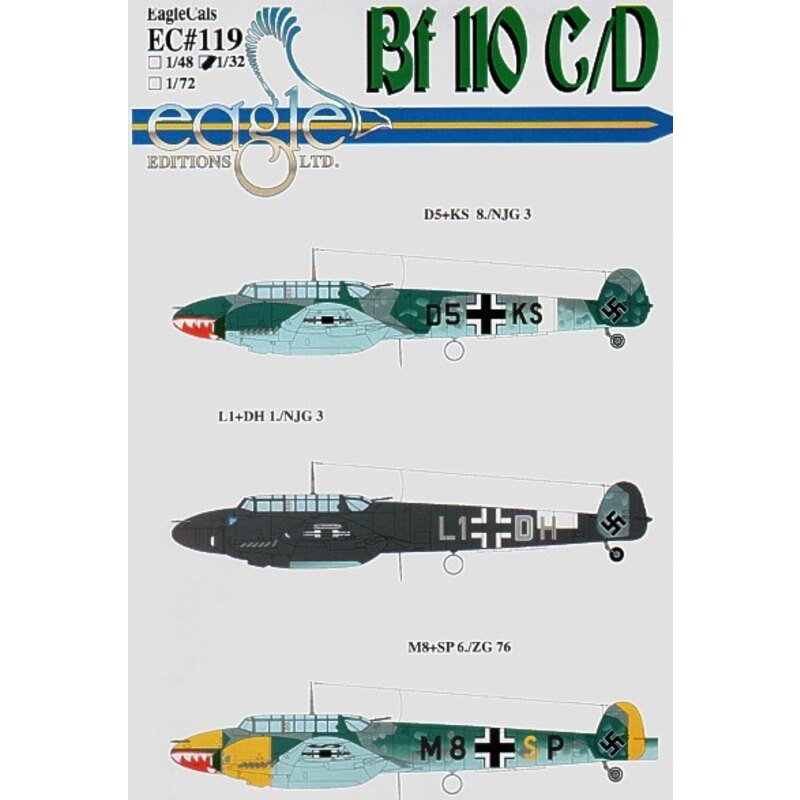 Decalcomania Messerschmitt Bf 110C/D Pt 3 (3) D5+KS 8./NJG 3 shark mouth M8+SP 6./ZG76 shark mouth yellow nose engine nacelles r