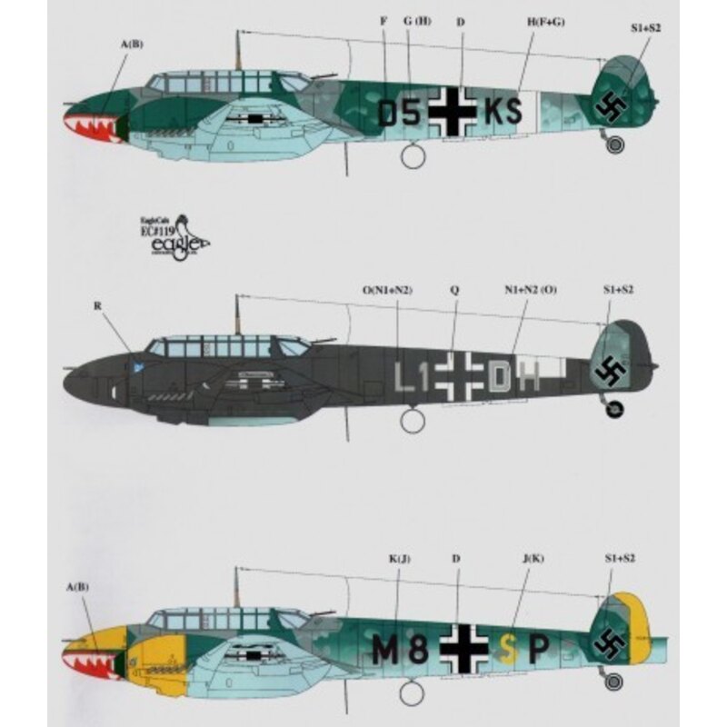 Decalcomania Messerschmitt Bf 110C/D Pt 3 (3) D5+KS 8./NJG 3 shark mouth M8+SP 6./ZG76 shark mouth yellow nose engine nacelles r