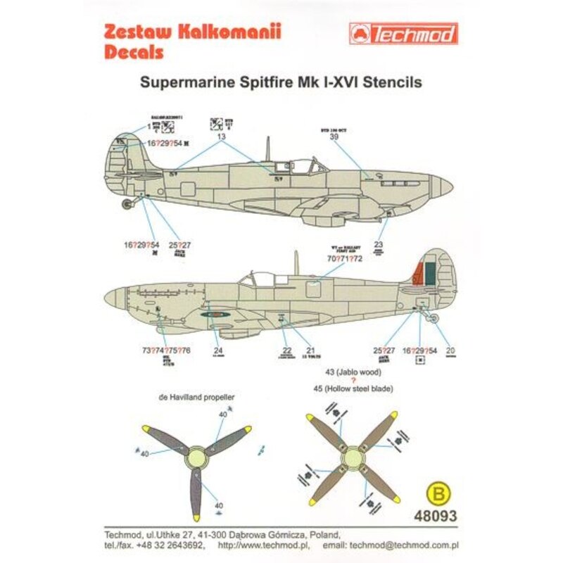 Decalcomania Supermarine Spitfire Mk. I à XVI Stencil Data for two aircraft.