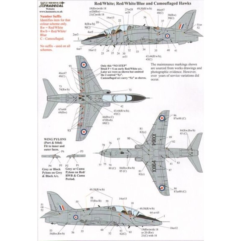 Decalcomania BAe Hawk T.1 Comprehensive Maintenance Marks for early Red/White/Blue and Camouflaged Dark Green/Dark Sea Grey. She