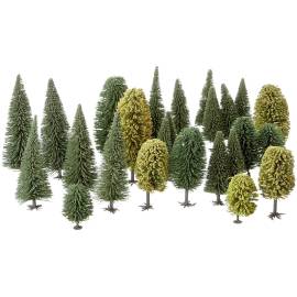 Set di 25 alberi, 10 legni duri e 15 abeti, altezza da 5 a 14 cm