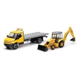 Miniatura Autocarro IVECO portaveicoli con terna B110C NEW HOLLAND