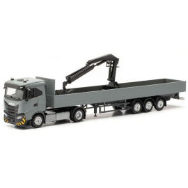 Miniatura IVECO S-Way ND 4x2 con rimorchio e gru da carico 3 Assi grigio