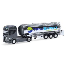 Miniatura SCANIA CR 20 4x2 con rimorchio cisterna alimentare cromato 3 assi TANK EXPERT