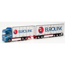 Miniatura SCANIA 6x2 CR 20 HD con carrello e rimorchio EUROLINK a 3 assi blu