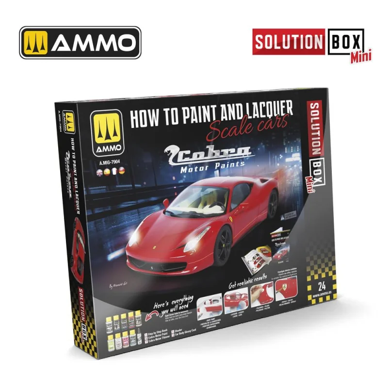 Vernice AMMO OF MIG: SOLUTION BOX MINI 24 - How to Paint and Lacquer Scale Cars - COBRA MOTOR PAINTS