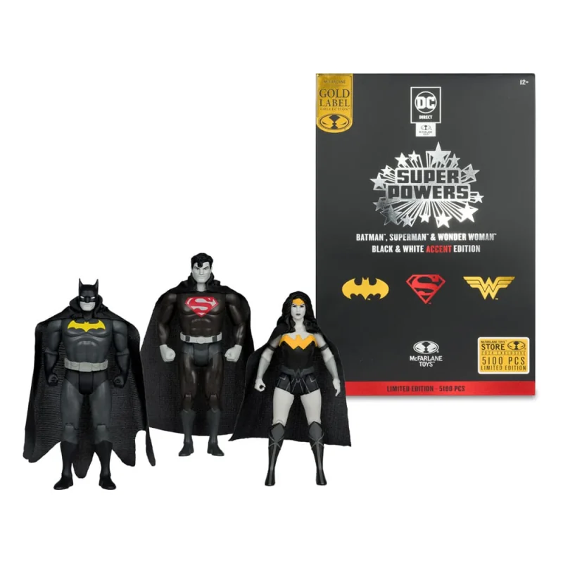 McFarlane Toys DC Direct Figures Super Powers Batman, Superman & Wonder Woman Black & White Accent Edition Gold Label 13 cm